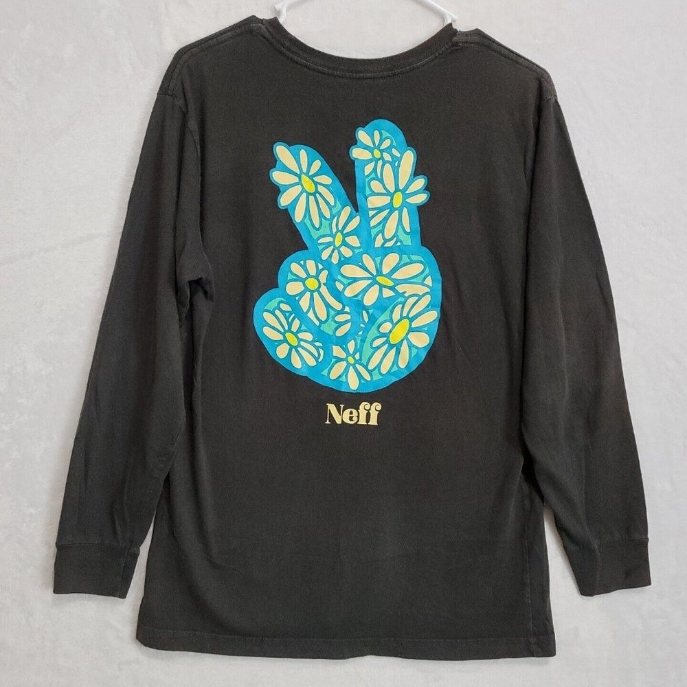Neff Men's Black Long Sleeve T-Shirt Size M Peace Sign Retro Surf Skate Sk8